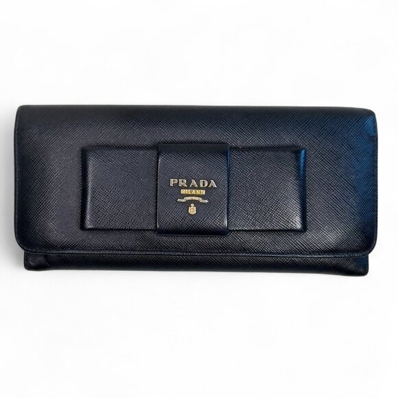 Prada Women's Long Saffiano Black Leather Bifold Ribbon Wallet - Picture 1 of 16